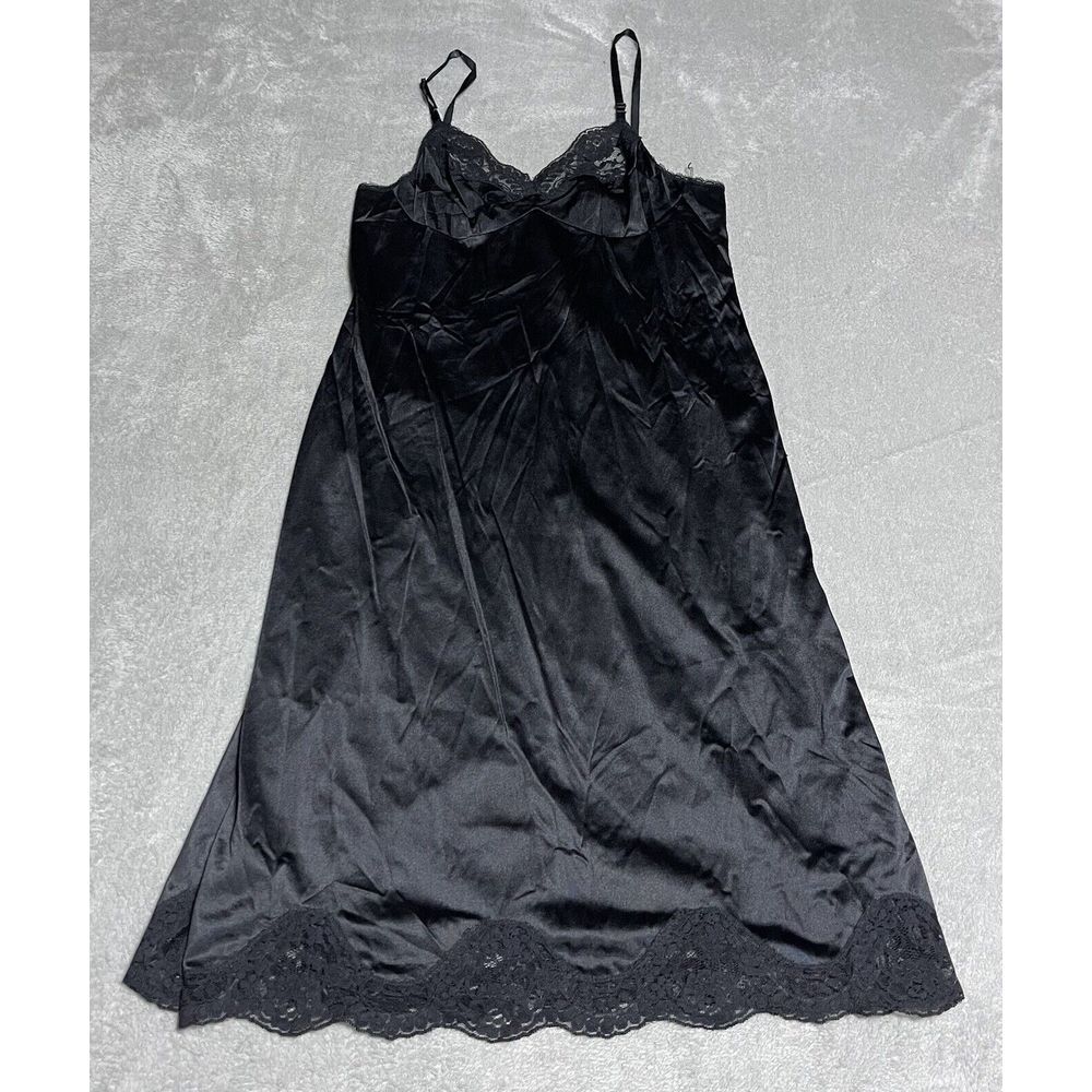 Vintage Adonna Slip Dress Womens 36 Black Lace Trim Chemise Nightgown Adjustable